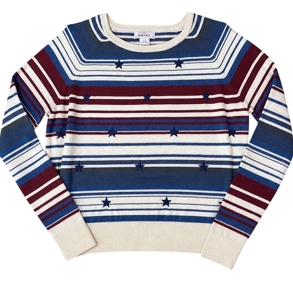 Ariat Women Striped Star Embroidered Sweater Navy Burgundy Olive Cream Medium